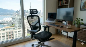A minimalist mesh office chair styled in a compact Vancouver condo workspace to maximize small-space productivity.