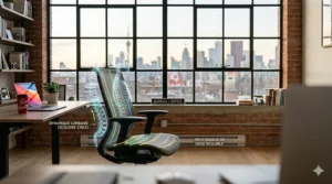Modern mesh and traditional fabric office chair styles in two distinct Canadian workspaces with bilingual signage (BUREAU/OFFICE).