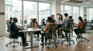 Diverse team in a Montreal corporate setting using height-adjustable office chairs to manage back pain during long shifts.