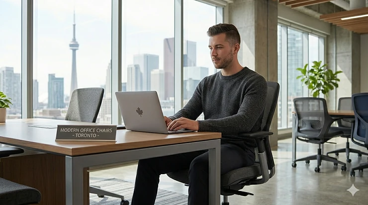 A professional Toronto office featuring ergonomic modern office chairs in a bright, contemporary workspace with a city view.