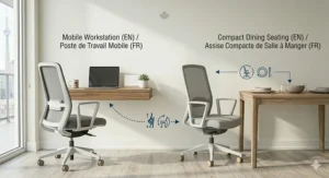 A minimalist chair being used at both a small workstation and a dining table, demonstrating versatility for Canadian studio living.