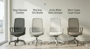 Illustration of minimalist office chairs in grey, white, and charcoal tones, reflecting popular Canadian interior design palettes.