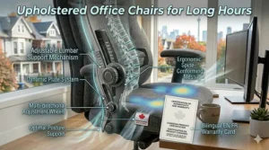 An illustration of a Made in Canada tag and warranty details in English and French on a navy upholstered office chair.