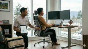 Illustration of a physiotherapist pointing to a supportive office chair as a solution for chronic back pain in the workplace.