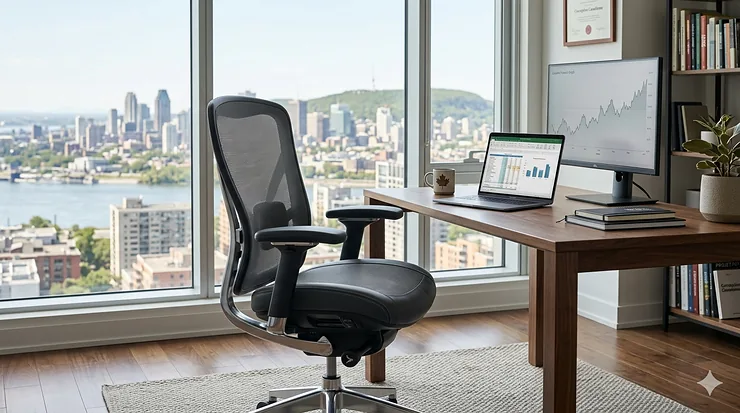 A high-end ergonomic executive chair in a modern Montreal home office with a view of Mount Royal, representing premium office chairs in Canada under 1000 dollars. premium office chairs Canada under 1000