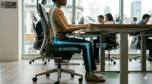 Instructional graphic showing the 90-90-90 sitting rule on an office chair to reduce lower back strain and neck pain.