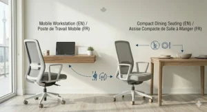 A minimalist, Scandinavian-style office chair with wood accents, perfect for modern Canadian home office aesthetics.