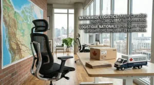 Illustration of fast shipping routes for designer office chairs to Toronto, Vancouver, and Montreal, ensuring nationwide delivery within Canada.