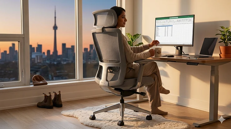 A professional sitting in a grey stain resistant office chair in a modern Canadian corporate office with city views.
