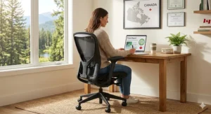 Eco-friendly black office chair made from recycled materials, reflecting Canadian sustainability values.