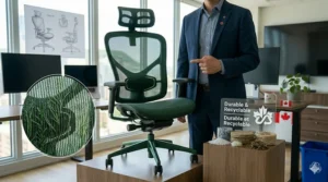 Illustration of an eco-friendly mesh chair made from recycled materials, appealing to environmentally conscious Canadian consumers.