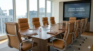 A photorealistic 4K photograph of twelve tan leather Eames-style high-back office chairs in a modern, light-filled corporate boardroom overlooking downtown Montreal.