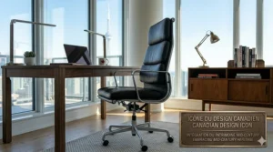 A photorealistic 4K photograph of a black leather Eames-style high-back office chair in a sunlit Toronto penthouse, positioned near a detailed antique bronze plaque that displays bilingual English and French text, emphasizing its status as a Canadian design icon with mid-century heritage.