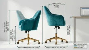 Size chart for velvet office chairs showing seat height and width in both centimeters and inches for Canadian shoppers.