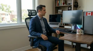 A stylish black mesh office chair being used for both professional remote work and PC gaming in a Canadian basement suite.