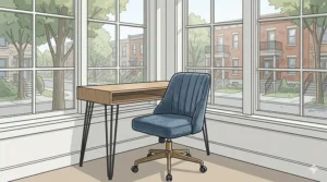 Large tufted leather executive vintage style office chair in a classic Canadian study with wood bookshelves.