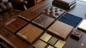 Various wood finishes for traditional executive chairs, including dark cherry and walnut, popular for Canadian boardroom aesthetics.