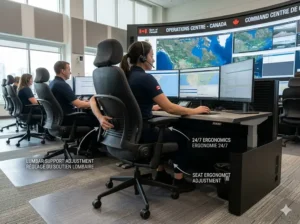 24/7 heavy-duty control room chairs with adjustable lumbar support and seat ergonomics.