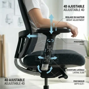 Diagram explaining 4D adjustable armrest functionality on premium office chairs in the 500 to 1000 CAD price bracket.
