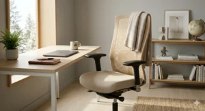 Neutral-toned beige office chair featuring built-in lumbar support and tilt-tension control for improved posture.