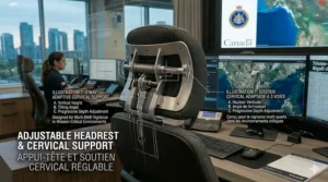 Showing the adjustable headrest and 3-way adaptive cervical support features on premium control room chairs.