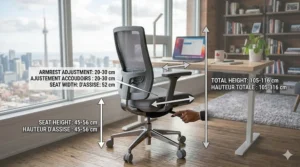 Diagram showing height and armrest adjustability of a charcoal grey swivel office chair.