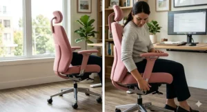 Illustration showing the lumbar support and adjustable features of pink office chairs for healthy Canadian remote work.