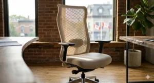 Professional beige executive chair in premium leather, blending comfort and style for a Montreal creative studio aesthetic.