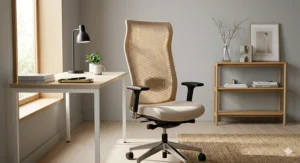Versatile beige swivel chair in a compact Vancouver loft workstation, showcasing space-saving ergonomic design.