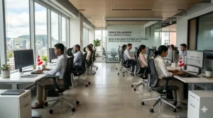 High-resolution photorealistic photograph capturing a modern corporate open-plan office in central Montreal, fully installed with rows of ergonomic black mesh task chairs used by a diverse team, demonstrating the suitability for Canadian hybrid work environments with bilingual French and English workplace signage under natural light.