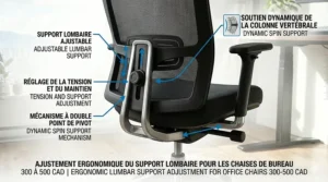 High-detail photorealistic technical illustration with natural light and bilingual English and French labels, detailing the complete adjustment points including 3D armrests, dynamic lumbar support, and seat depth found on high-quality office chairs 300 to 500 CAD in Canada.