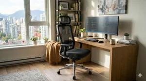 A high-detail, photorealistic side-by-side material matrix comparison under natural daylight, pitting the dark grey breathable mesh backrest found in the best office chairs 300 to 500 CAD range against an alternative contour-padded fabric option for Canadian buyers, including detailed bilingual texture inlays.