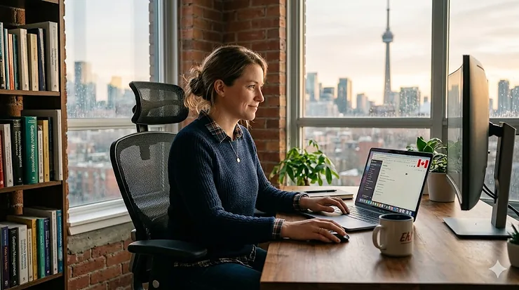 Ergonomic mesh value office chairs arranged around a shared hybrid desk station in a modern, sunlit Canadian corporate office with bilingual signage.