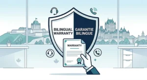 Customer service illustration with English and French text, highlighting bilingual support for Canadian office furniture buyers.
