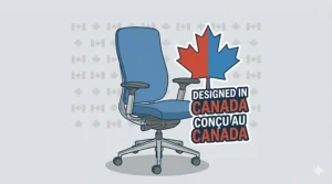 Illustration of a blue office chair with a "Designed in Canada / Conçu au Canada" badge for bilingual market appeal.