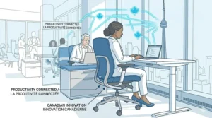 A digital illustration of a professional sitting in a blue office chair, symbolizing focus and productivity in a Canadian tech startup.