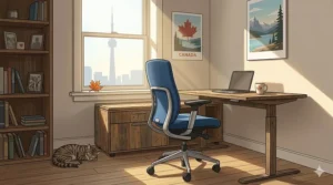 A cozy home office setup in Vancouver featuring a stylish navy blue office chair and a wooden desk.