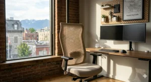 High-back beige mesh office chair designed for breathability and comfort during long Canadian workdays.