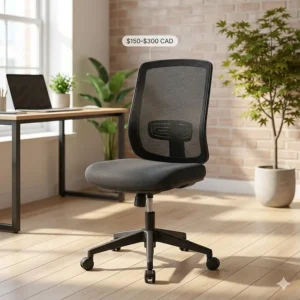 A photorealistic, highly detailed 4K image showing a simple, budget-friendly mesh back task chair with a gray fabric seat and essential adjustments, positioned in a compact, sunlit home office studio apartment in Montreal, Quebec.