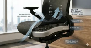 "A visualization illustration depicting a large, modern call center in Halifax. The graphic uses a stylized time-lapse overlay showing the seamless transition of three distinct worker groups across morning, afternoon, and night shifts, all utilizing the same row of durable 24 hour office chairs. Arrows indicate continuous rotation and consistent ergonomic support provided 24/7 in Canadian commercial environments."