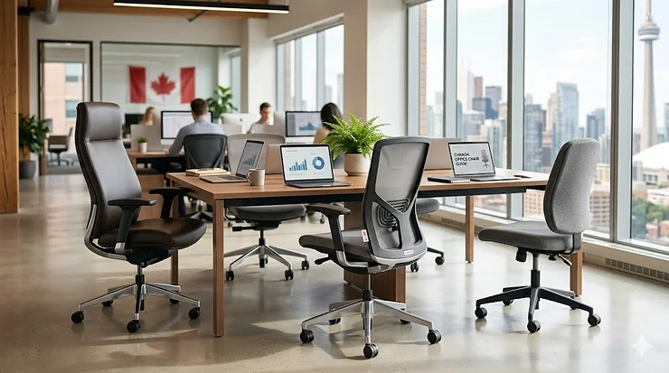 A photorealistic 4K quality photograph of a bright, contemporary Toronto corporate office overlooking the city skyline (including a partial CN Tower), where various ergonomic task chairs with distinct textures and adjustable features are naturally arranged around a modern, collaborative desk. Visible digital screens show a guide title and abstract charts, illustrating options found in a canadian office chair price guide.