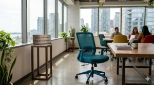 An illustration of a teal ergonomic desk chair next to a sign reading "Office Furniture / Mobilier de bureau."