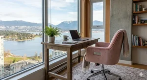 Stylized illustration of a blush pink desk chair in a cozy Vancouver apartment overlooking the mountains.