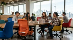 A diverse group of Canadian professionals collaborating while sitting on assorted vibrant office chairs.