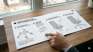 Illustration showing the quick 5-step assembly process for a modern grey office chair.