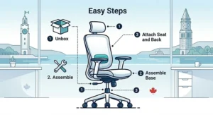 Step-by-step graphic illustration for assembling budget-friendly ergonomic office chairs priced 150 to 300 CAD.
