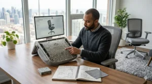Sustainable grey desk chair made from recycled materials, ideal for eco-conscious Canadian businesses and home offices.