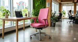 Eco-friendly pink office chairs made from recycled materials, popular for sustainable Canadian workspaces.
