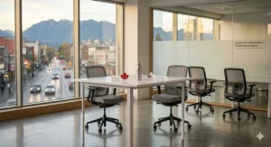 Circular design breakdown of eco-friendly value office chairs constructed from recycled steel and ocean-bound plastics for Canadian businesses.