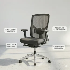 A precise, technical 4K photorealistic diagram with natural light, focusing on a multi-function ergonomic chair. Clean pointer lines and labels identify key components: 'ADJUSTABLE LUMBAR SUPPORT', 'SYNCHRO-TILT MECHANISM', 'SEAT DEPTH ADJUSTMENT', and '4D ADJUSTABLE ARMS'. The chair rests on a light polished floor.